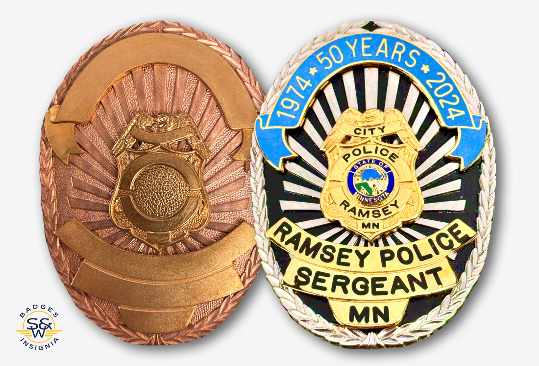 Ramsey Police Anniversary badge blank and finished side by side on a grey background