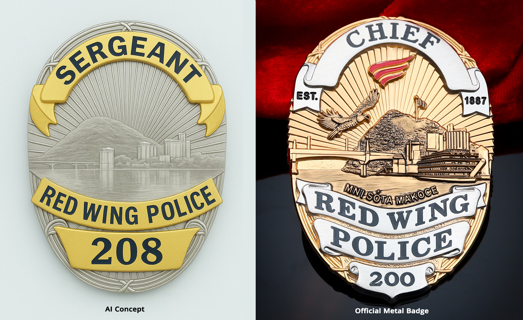 AI-generated Red Wing Police badge concept beside the finished custom Red Wing Police badge featuring He Mni Can–Barn Bluff, the Mississippi River, local architecture, a bald eagle, and department-specific lettering.