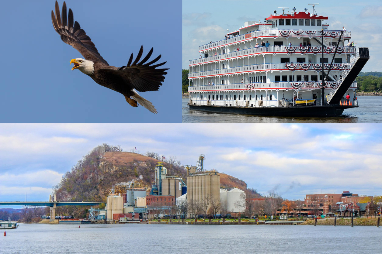 Bald eagle, Mississippi River riverboat, and Red Wing waterfront featuring He Mni Can–Barn Bluff and riverfront industrial buildings.