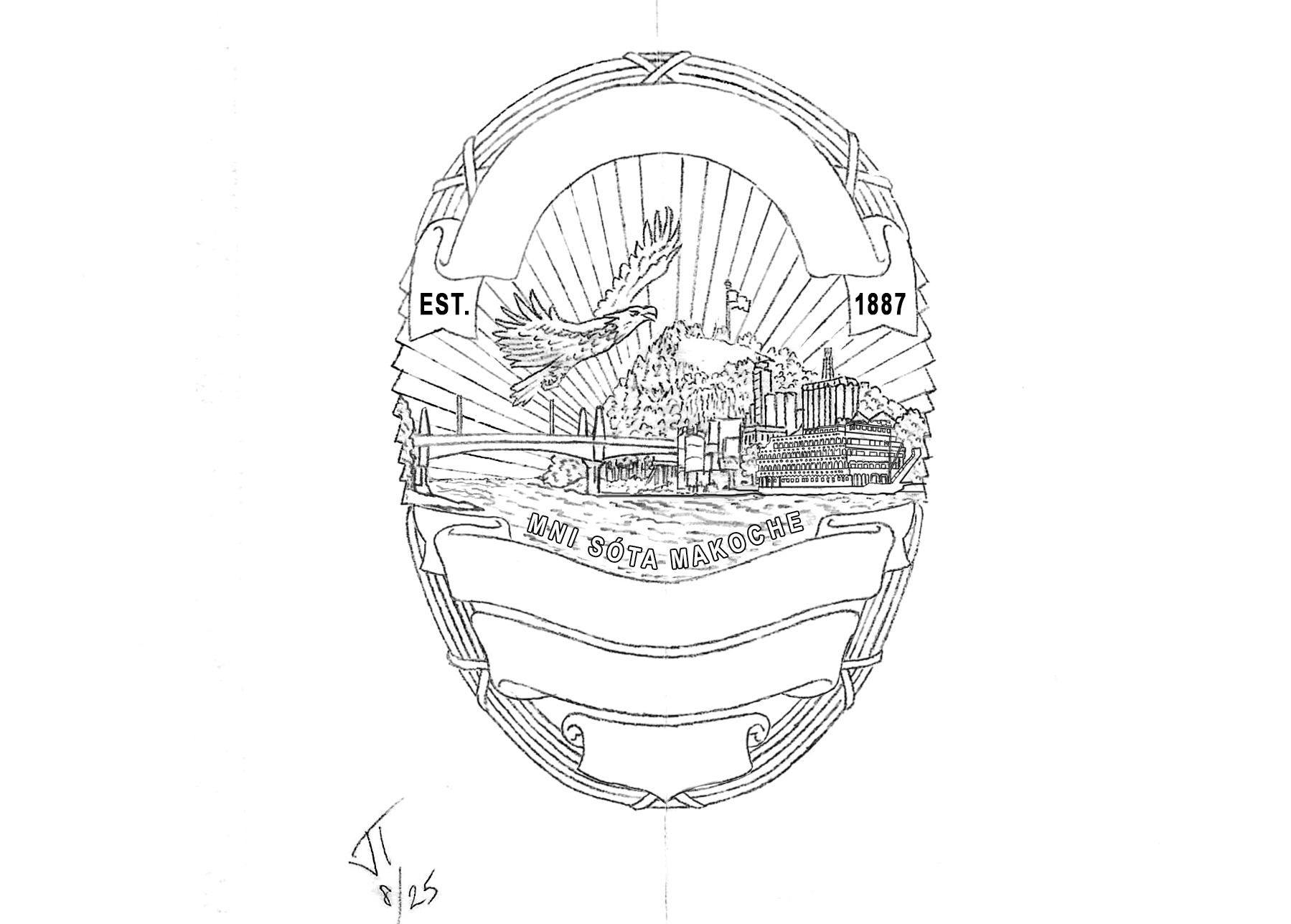 Early line-art concept for the Red Wing Police custom badge featuring He Mni Can–Barn Bluff, the Mississippi River, a bald eagle, bridge, riverfront buildings, and the phrase “Mni Sóta Makoce.”
