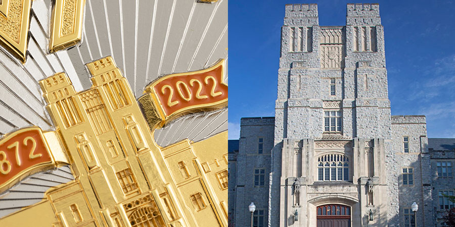 Virginia tech university police badge with building in center