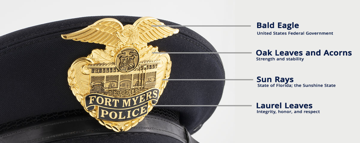 Fort Myers police badge on a hat with a description of different symbols the badge features.