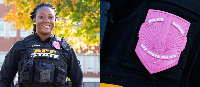 A double photo of an officer wearing a pink badge and a close up of a pink badge.