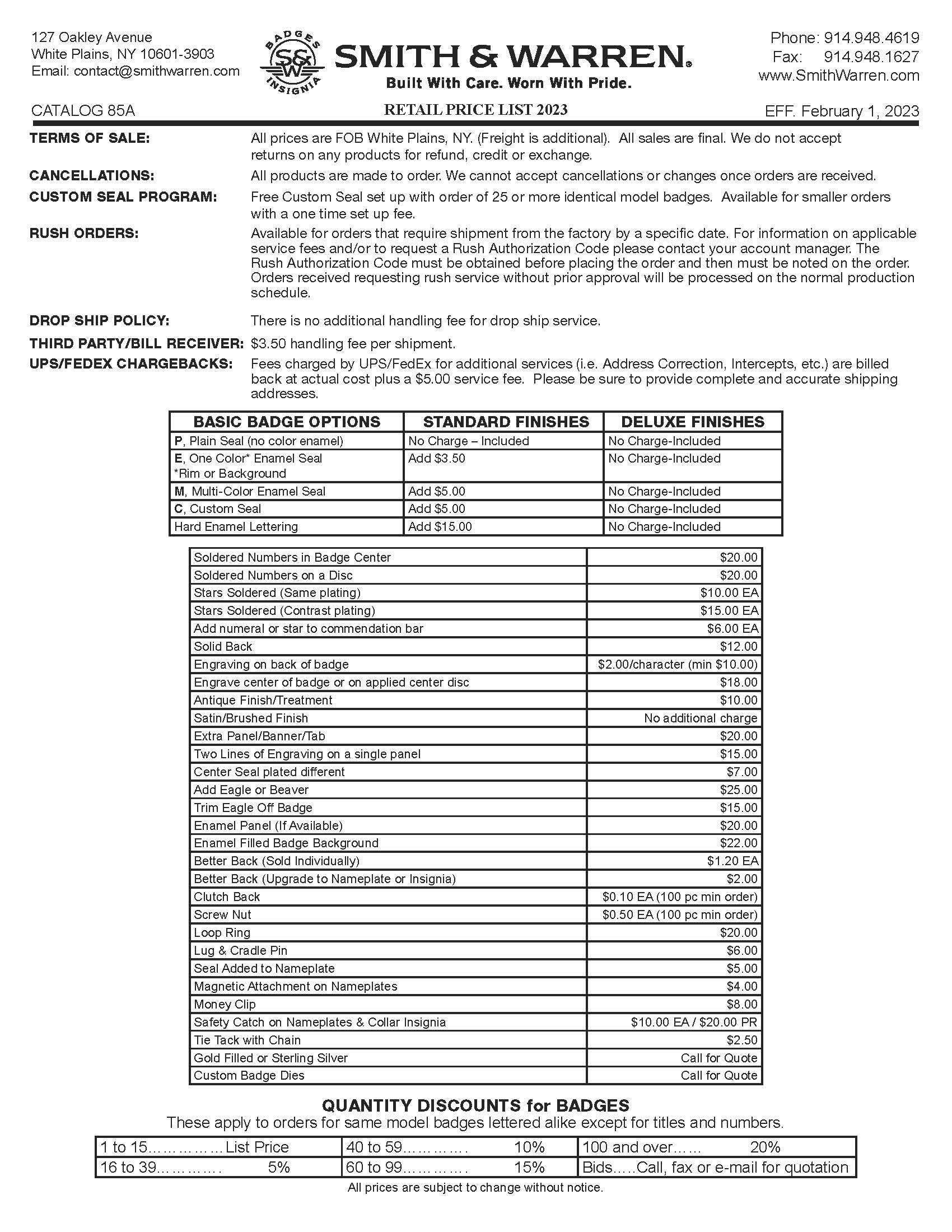 Smith & Warren 2023 Retail Pricelist