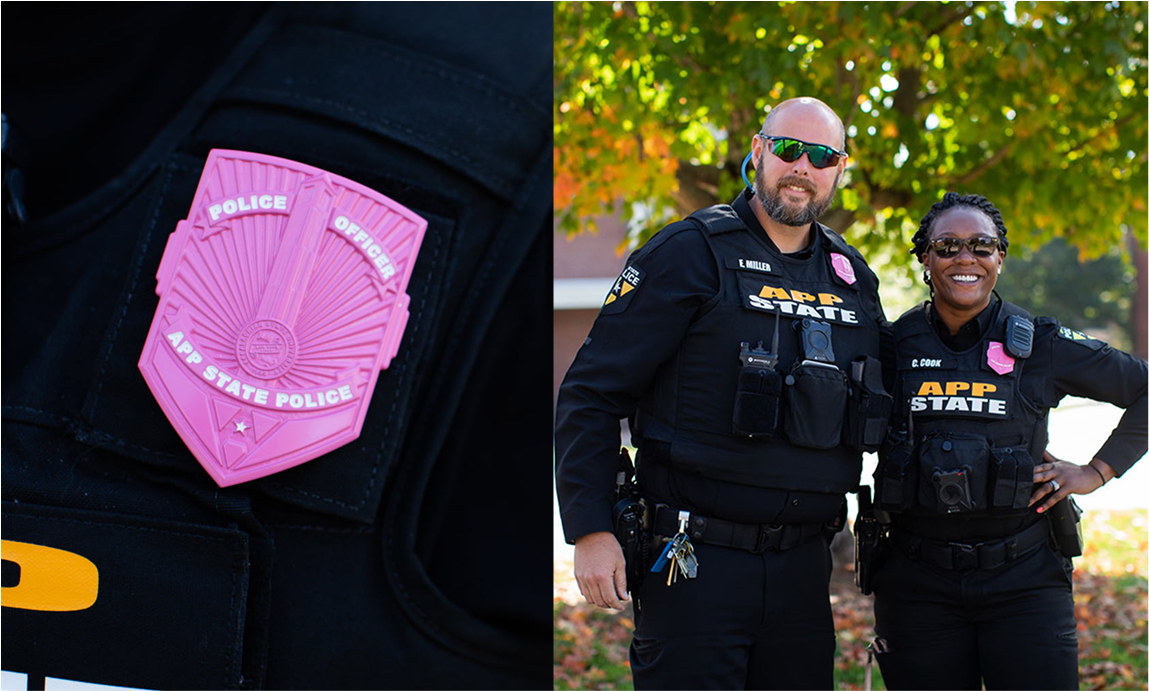 Pink police badges for breast cancer worn by officers