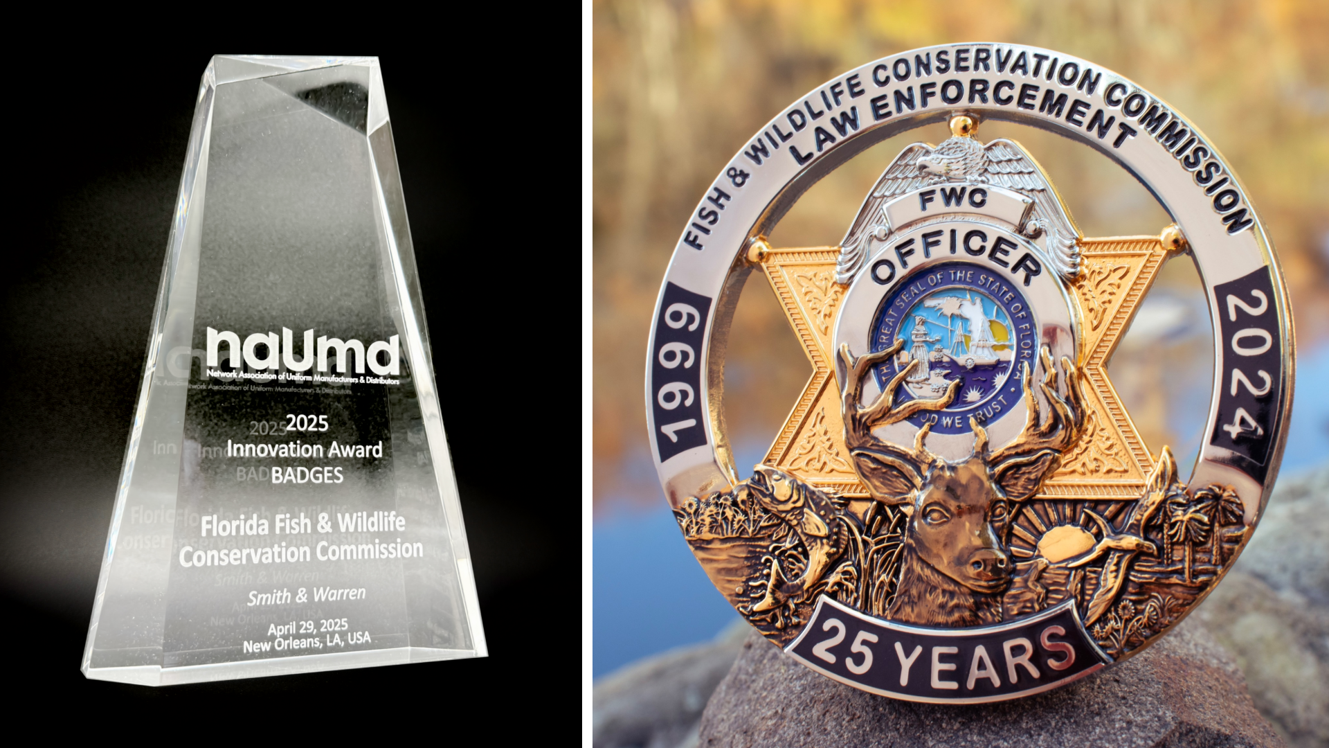 2025 NAUMD Innovation Award trophy and custom badge for Florida Fish & Wildlife Conservation Commission, designed and manufactured by Smith & Warren.