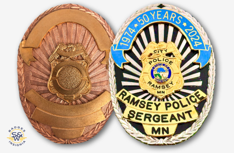 Ramsey Police Anniversary badge blank and finished side by side on a grey background