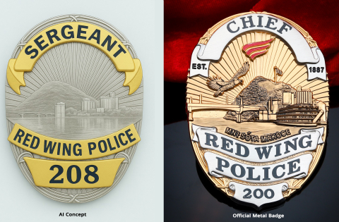 AI-generated Red Wing Police badge concept beside the finished custom Red Wing Police badge featuring He Mni Can–Barn Bluff, the Mississippi River, local architecture, a bald eagle, and department-specific lettering.