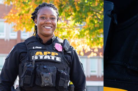 A double photo of an officer wearing a pink badge and a close up of a pink badge.